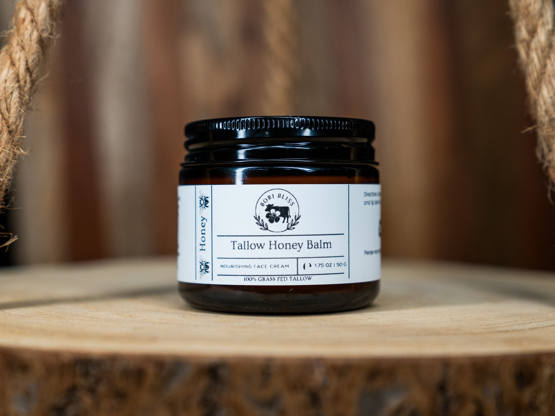Bori Bliss Tallow Face Balm Mini product detail showing glass jar with branded lid.