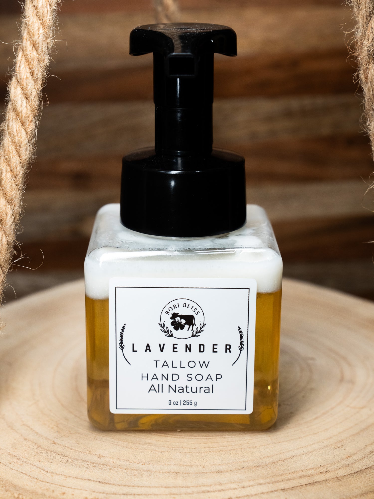Bori Bliss Lavender Tallow Hand Soap pump bottle for gentle daily hand washing with real tallow.