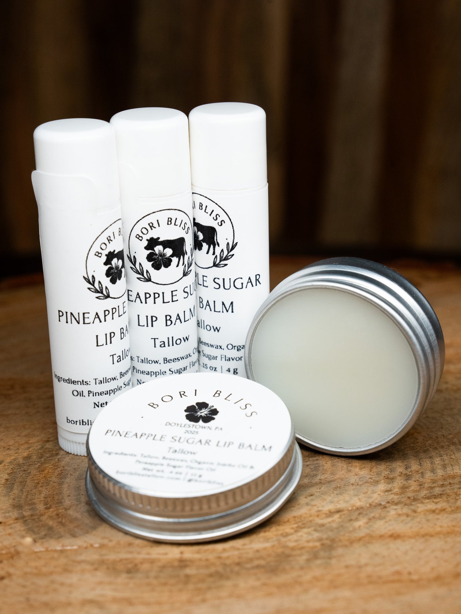Bori Bliss Tallow Lip Balm tube for on-the-go natural lip moisture with beeswax and vitamin E.