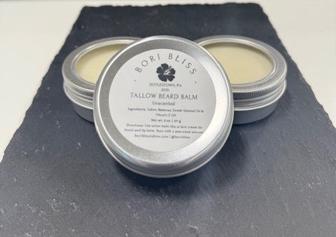 Bori Bliss Tallow Beard Balm tin with jojoba and argan oil for natural beard conditioning and skin care.